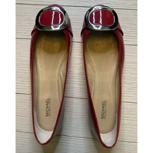 Michael Kors Red Patent Leather Pauline Ballet Flats W/‎ Silver Buckle. Sz 8M